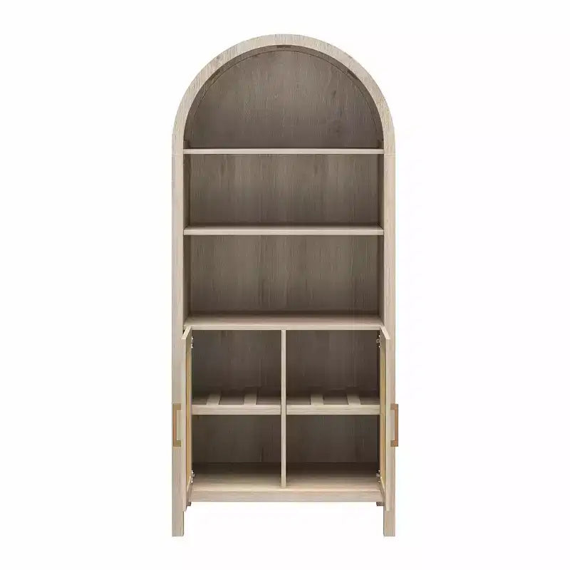MAYEERTY Bohemian Arched Display Cabinet with 2 Faux Rattan Doors 5 Adjustable Shelves for Living Room Kitchen Beige