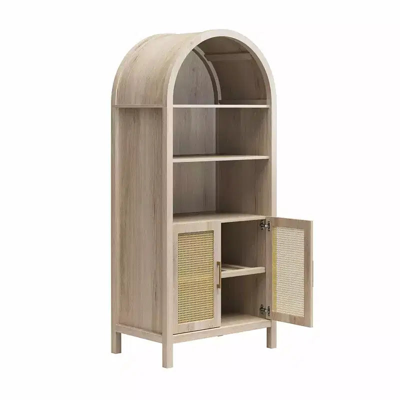 MAYEERTY Bohemian Arched Display Cabinet with 2 Faux Rattan Doors 5 Adjustable Shelves for Living Room Kitchen Beige