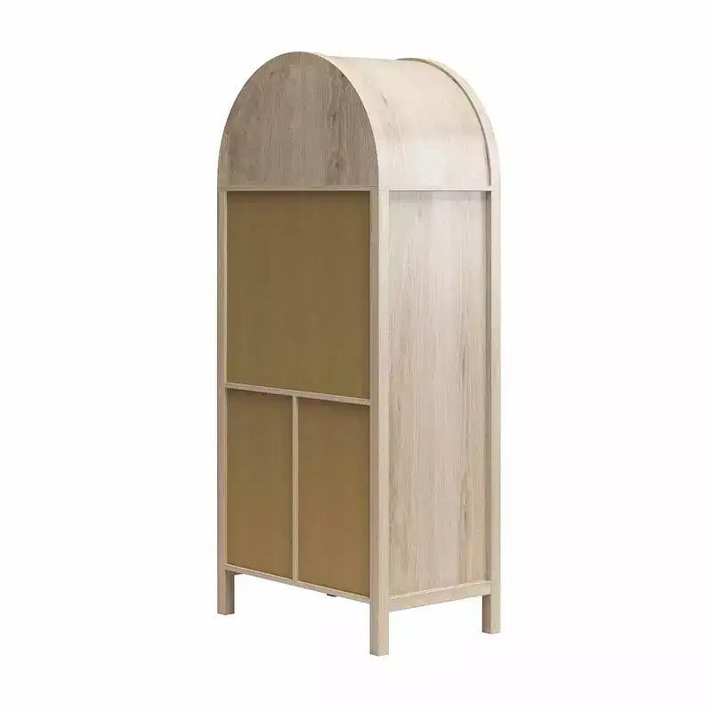 MAYEERTY Bohemian Arched Display Cabinet with 2 Faux Rattan Doors 5 Adjustable Shelves for Living Room Kitchen Beige
