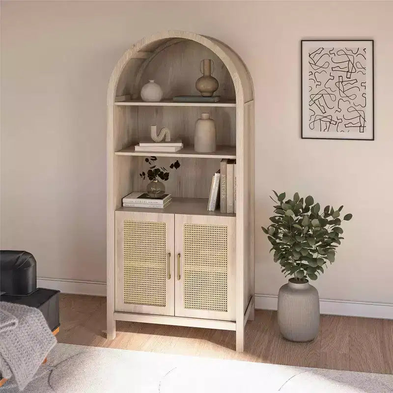 MAYEERTY Bohemian Arched Display Cabinet with 2 Faux Rattan Doors 5 Adjustable Shelves for Living Room Kitchen Beige