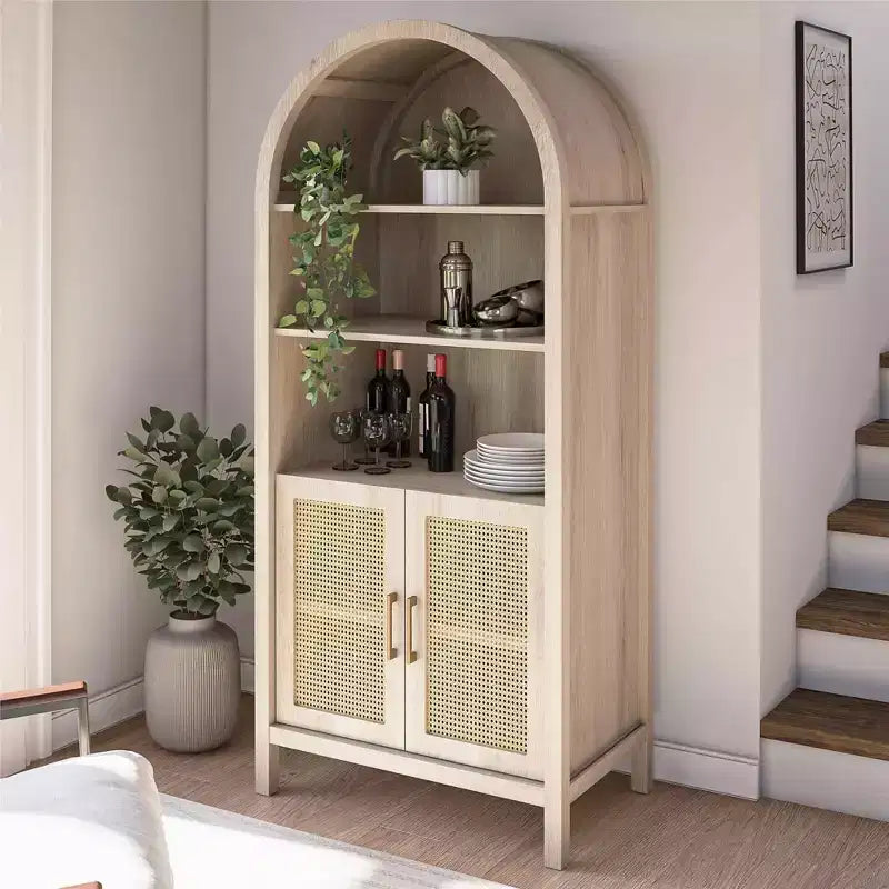 MAYEERTY Bohemian Arched Display Cabinet with 2 Faux Rattan Doors 5 Adjustable Shelves for Living Room Kitchen Beige