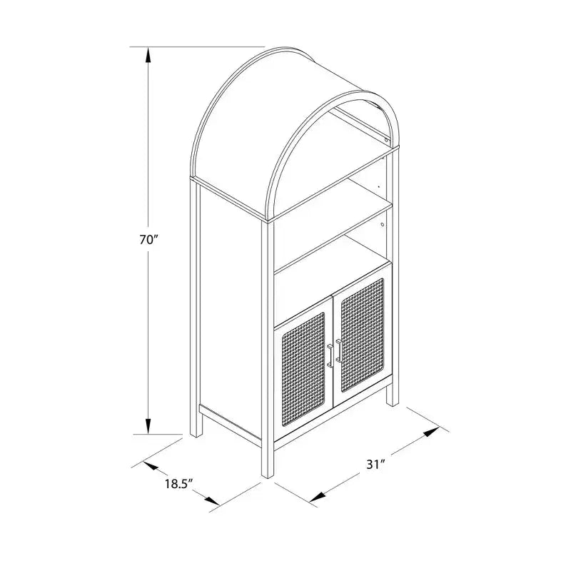 MAYEERTY Bohemian Arched Display Cabinet with 2 Faux Rattan Doors 5 Adjustable Shelves for Living Room Kitchen Beige