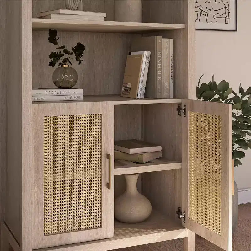 MAYEERTY Bohemian Arched Display Cabinet with 2 Faux Rattan Doors 5 Adjustable Shelves for Living Room Kitchen Beige