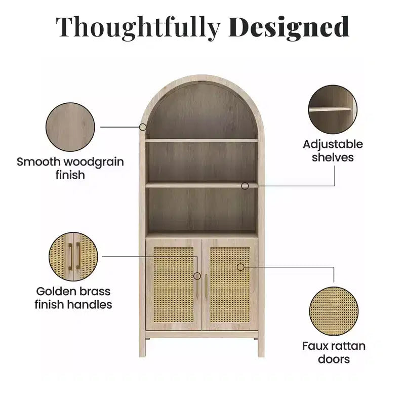 MAYEERTY Bohemian Arched Display Cabinet with 2 Faux Rattan Doors 5 Adjustable Shelves for Living Room Kitchen Beige