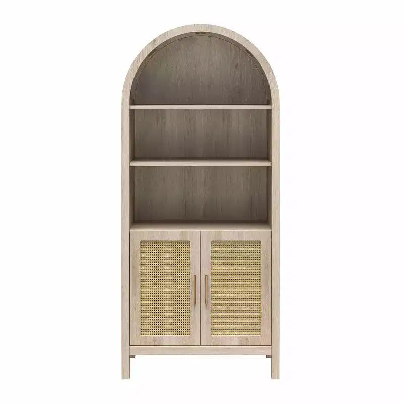 MAYEERTY Bohemian Arched Display Cabinet with 2 Faux Rattan Doors 5 Adjustable Shelves for Living Room Kitchen Beige
