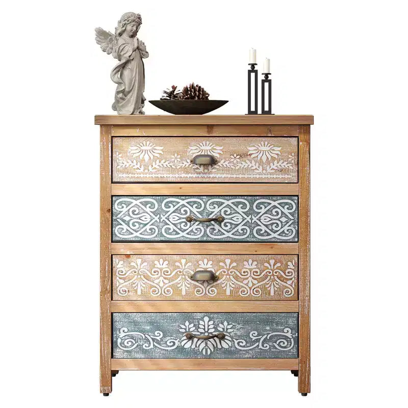 MAYEERTY Commode vintage à 4 tiroirs en bois vieilli et motif orné, commode de rangement rustique pour salon