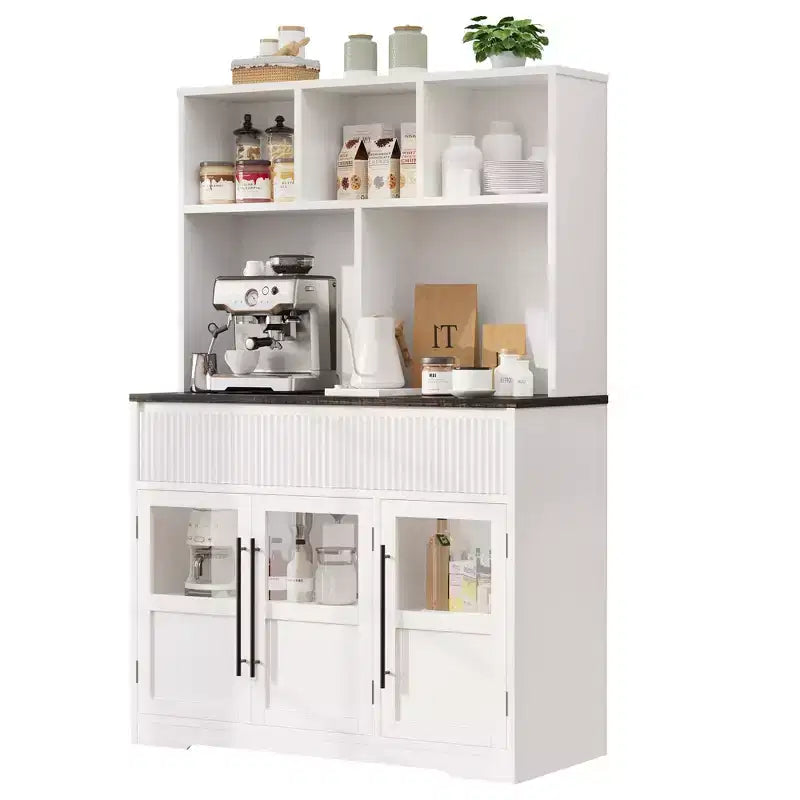 Pantry Cabinet, 60'' Tall White Farmhouse Kitchen Pantry Storage Cabinet with Drawers & Glass Doors