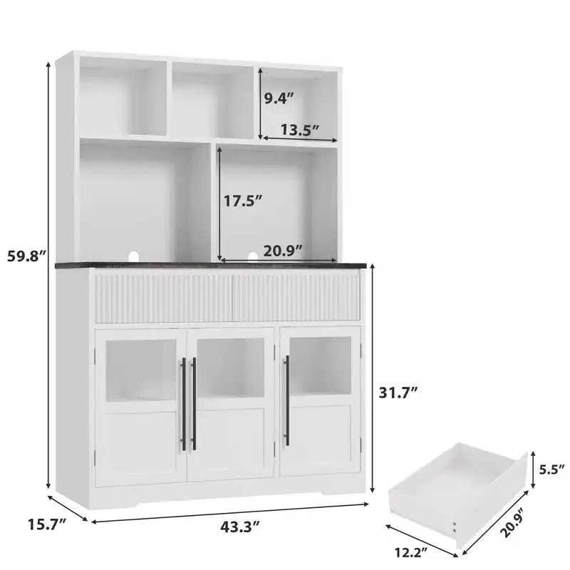 Pantry Cabinet, 60'' Tall White Farmhouse Kitchen Pantry Storage Cabinet with Drawers & Glass Doors