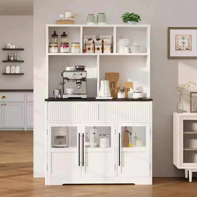 Pantry Cabinet, 60'' Tall White Farmhouse Kitchen Pantry Storage Cabinet with Drawers & Glass Doors