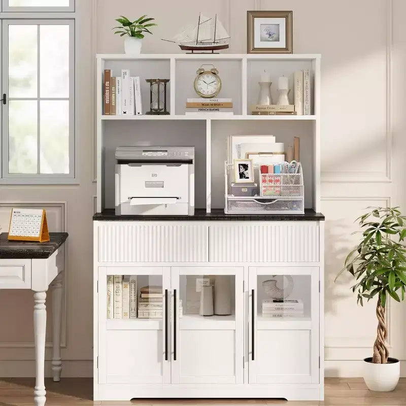 Pantry Cabinet, 60'' Tall White Farmhouse Kitchen Pantry Storage Cabinet with Drawers & Glass Doors