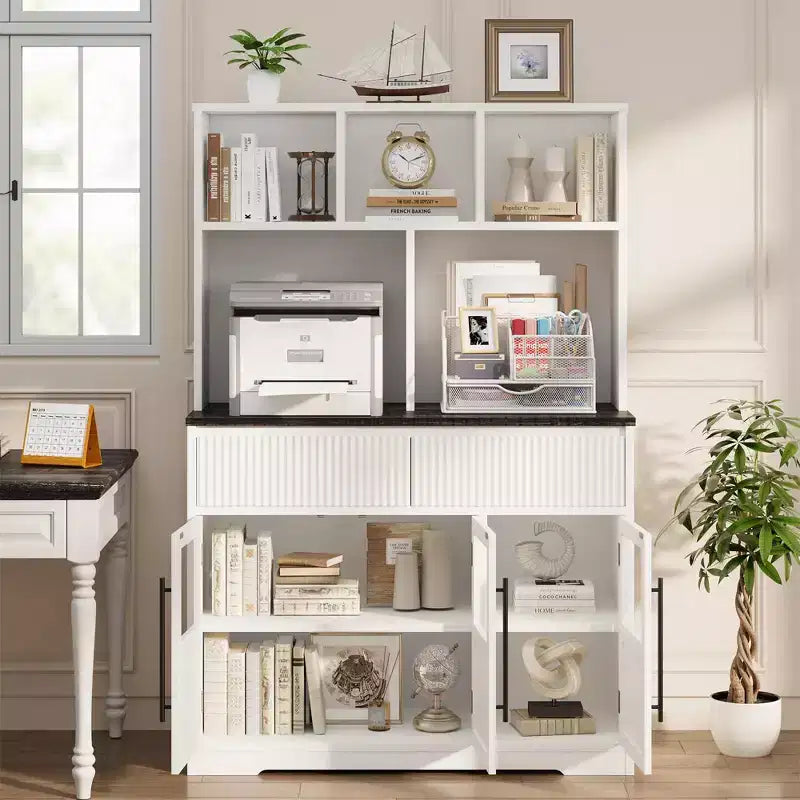 Pantry Cabinet, 60'' Tall White Farmhouse Kitchen Pantry Storage Cabinet with Drawers & Glass Doors