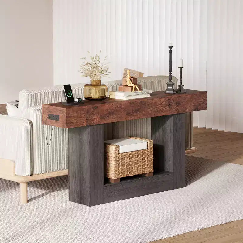 63 Narrow 2-Tier Console Table with Charging Station, Wooden Sofa Table for Entryway, Foyer, or Living Room, Behind Couch Storage