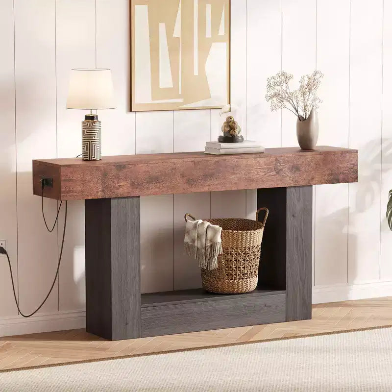 63 Narrow 2-Tier Console Table with Charging Station, Wooden Sofa Table for Entryway, Foyer, or Living Room, Behind Couch Storage