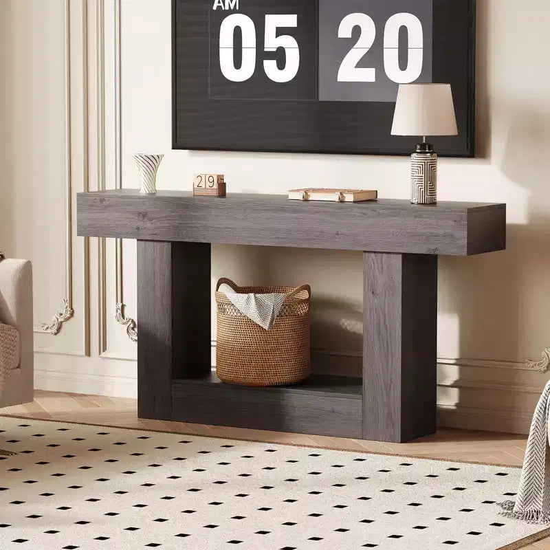 63 Narrow 2-Tier Console Table with Charging Station, Wooden Sofa Table for Entryway, Foyer, or Living Room, Behind Couch Storage