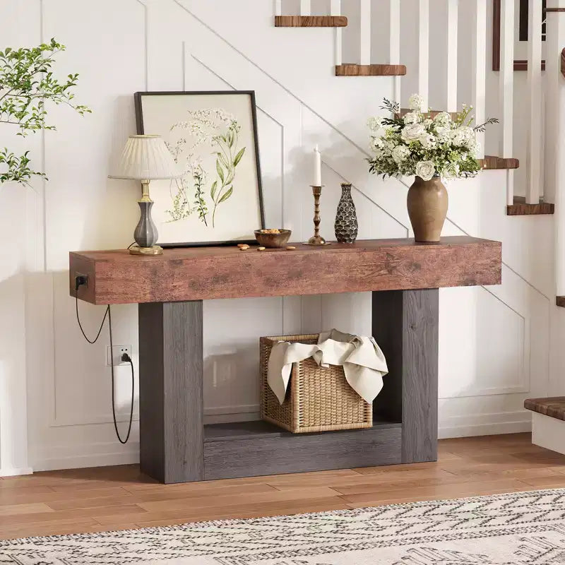63 Narrow 2-Tier Console Table with Charging Station, Wooden Sofa Table for Entryway, Foyer, or Living Room, Behind Couch Storage