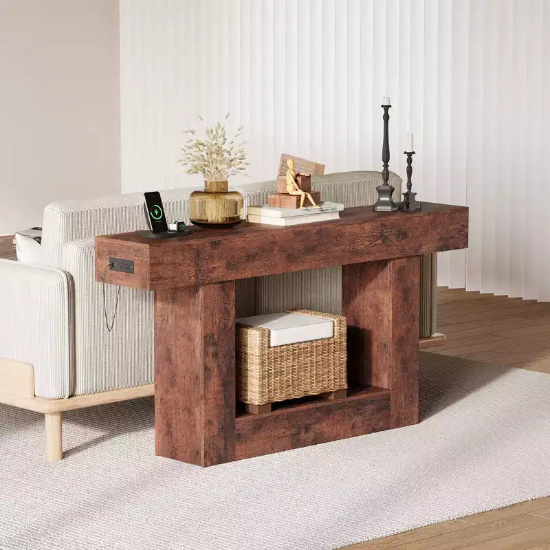 63 Narrow 2-Tier Console Table with Charging Station, Wooden Sofa Table for Entryway, Foyer, or Living Room, Behind Couch Storage