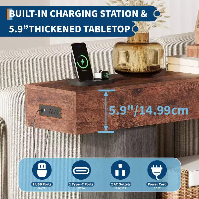 63 Narrow 2-Tier Console Table with Charging Station, Wooden Sofa Table for Entryway, Foyer, or Living Room, Behind Couch Storage