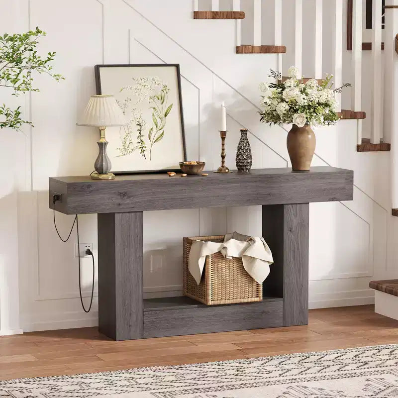 Console étroite à 2 niveaux de 160 cm avec station de charge, table de canapé en bois pour entrée, foyer ou salon, rangement derrière le canapé
