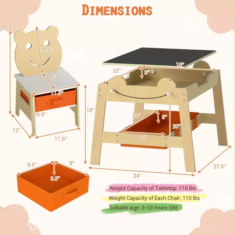 Costway 5-in-1 Kids' Table & Chair Set with Chalkboard, Whiteboard, 3 Storage Bins, 4 Hooks Gray + White/Natural + White + Orange