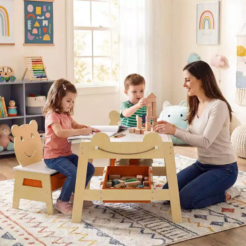 Costway 5-in-1 Kids' Table & Chair Set with Chalkboard, Whiteboard, 3 Storage Bins, 4 Hooks Gray + White/Natural + White + Orange