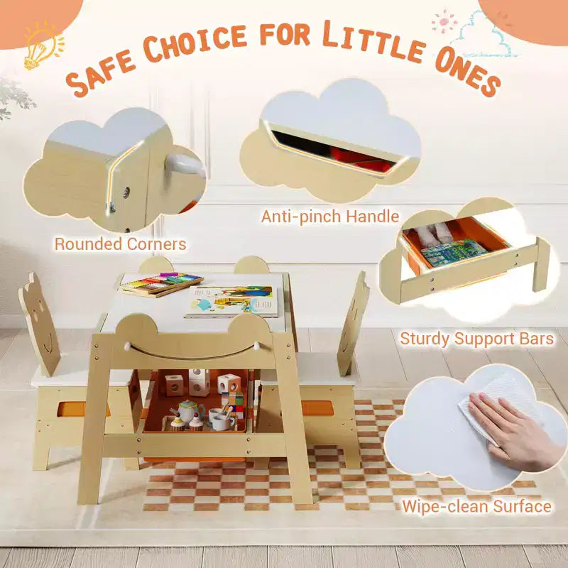 Costway 5-in-1 Kids' Table & Chair Set with Chalkboard, Whiteboard, 3 Storage Bins, 4 Hooks Gray + White/Natural + White + Orange