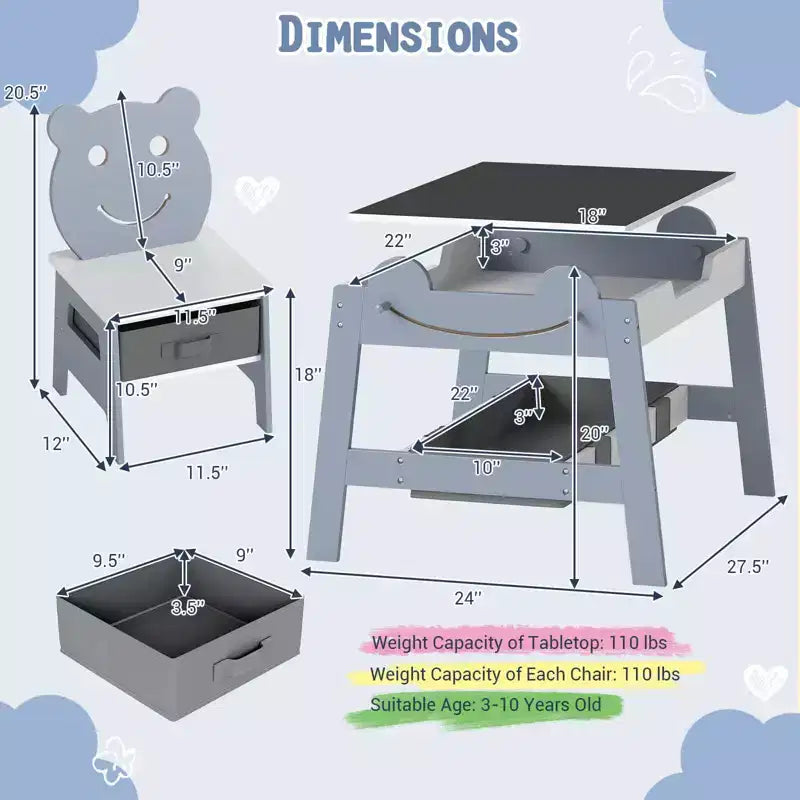 Costway 5-in-1 Kids' Table & Chair Set with Chalkboard, Whiteboard, 3 Storage Bins, 4 Hooks Gray + White/Natural + White + Orange