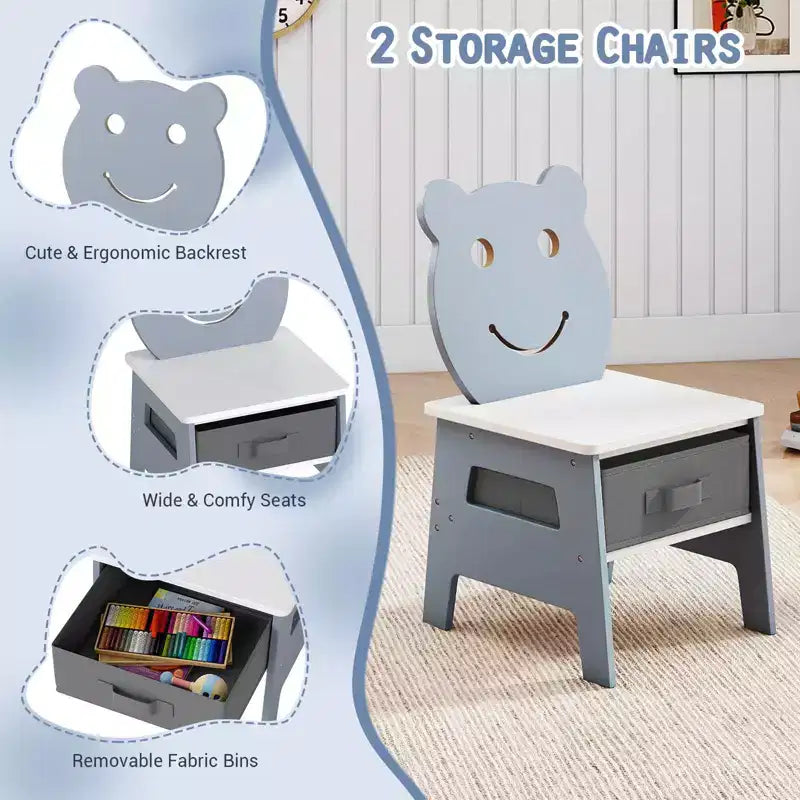 Costway 5-in-1 Kids' Table & Chair Set with Chalkboard, Whiteboard, 3 Storage Bins, 4 Hooks Gray + White/Natural + White + Orange