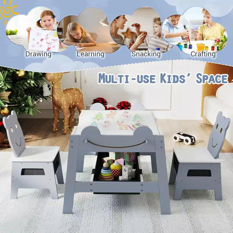 Costway 5-in-1 Kids' Table & Chair Set with Chalkboard, Whiteboard, 3 Storage Bins, 4 Hooks Gray + White/Natural + White + Orange