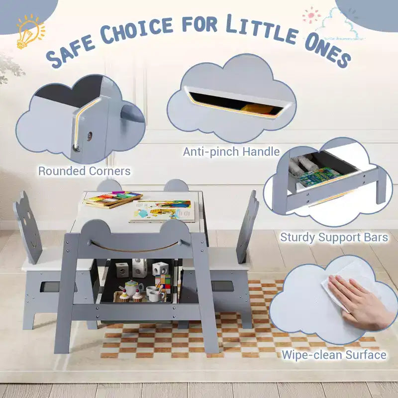 Costway 5-in-1 Kids' Table & Chair Set with Chalkboard, Whiteboard, 3 Storage Bins, 4 Hooks Gray + White/Natural + White + Orange