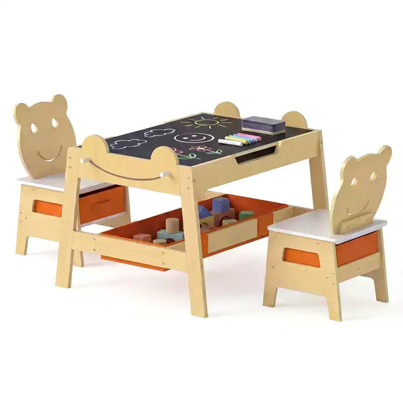 Costway Ensemble table et chaises 5 en 1 pour enfants avec tableau noir, tableau blanc, 3 bacs de rangement, 4 crochets gris + blanc/naturel + blanc + orange
