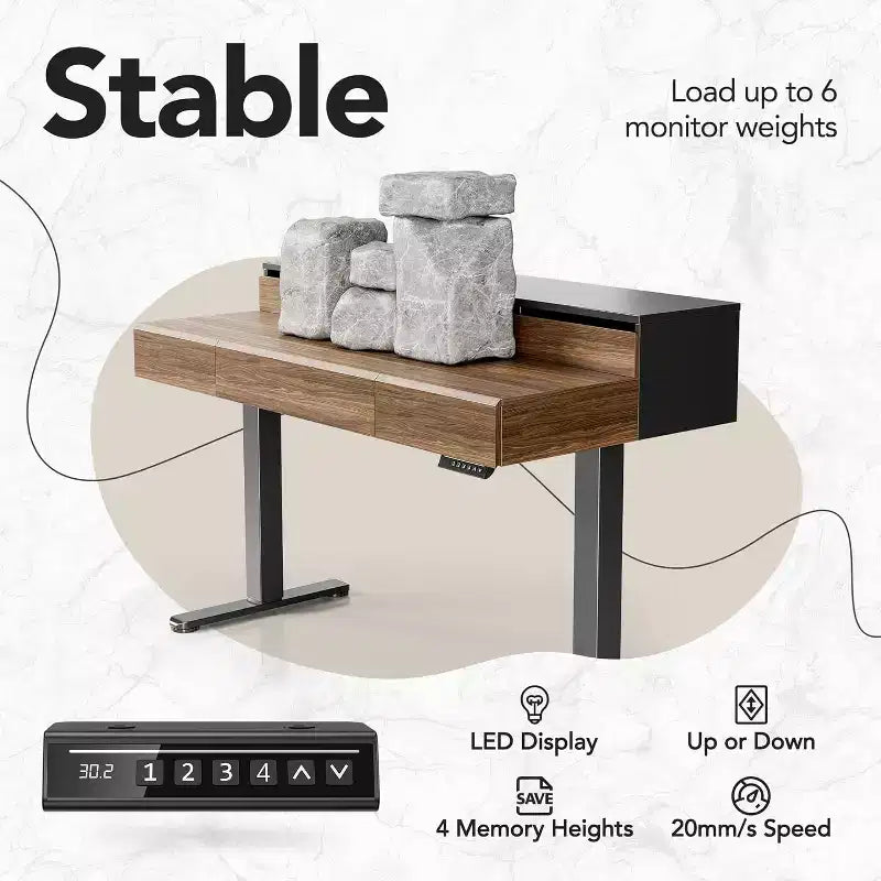 Standing Desk with Drawers, 48 Inches Electric Height Adjustable Desk with Storage, Whole Piece Board Sit Stand Up Desk with Monitor Shelf
