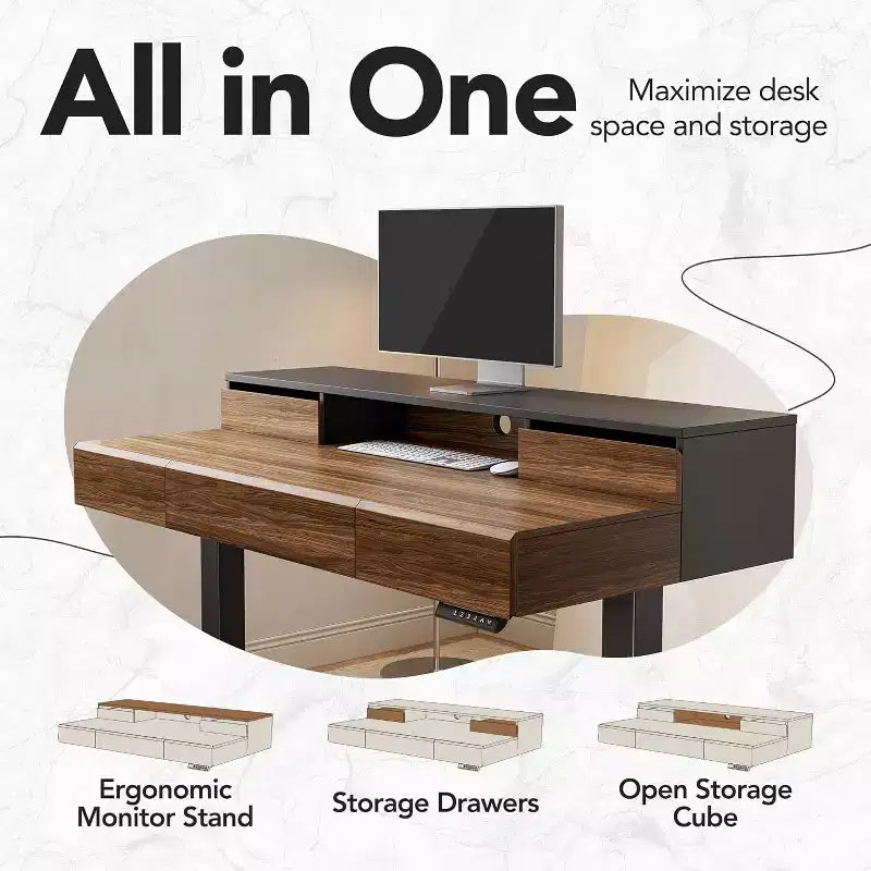 Standing Desk with Drawers, 48 Inches Electric Height Adjustable Desk with Storage, Whole Piece Board Sit Stand Up Desk with Monitor Shelf