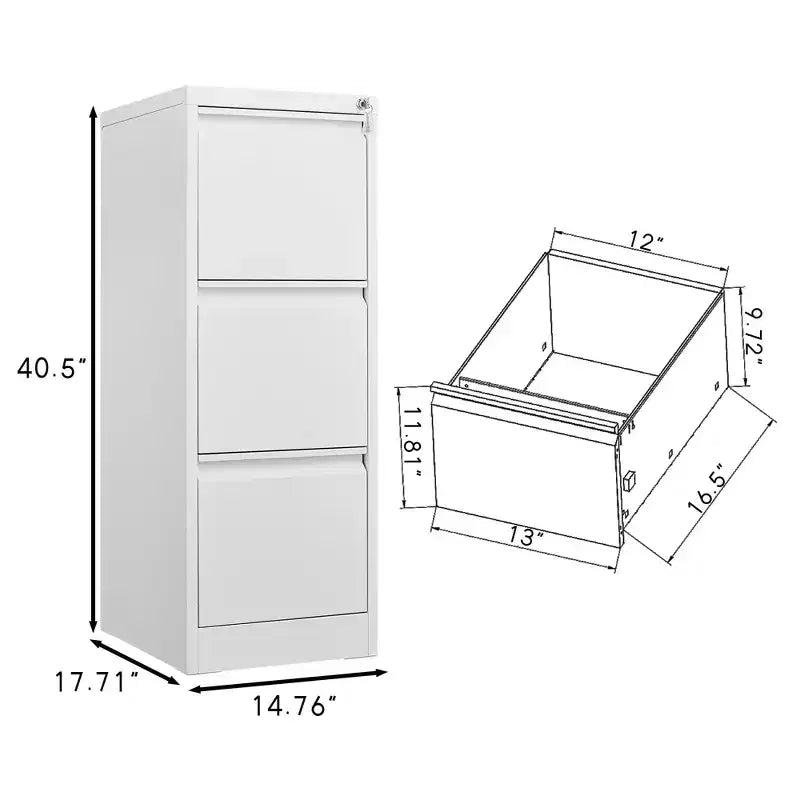 3 Drawer Vertical File Cabinet with Lock, White Metal Filing Cabinet with Drawers for Home Office, Lockable Storage Cabinet