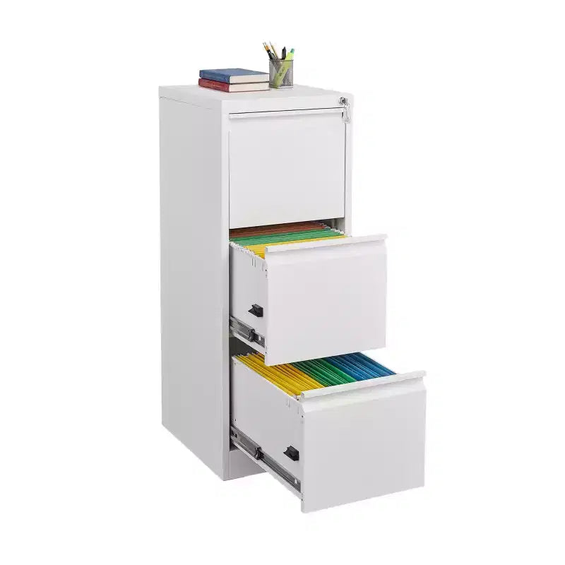 3 Drawer Vertical File Cabinet with Lock, White Metal Filing Cabinet with Drawers for Home Office, Lockable Storage Cabinet