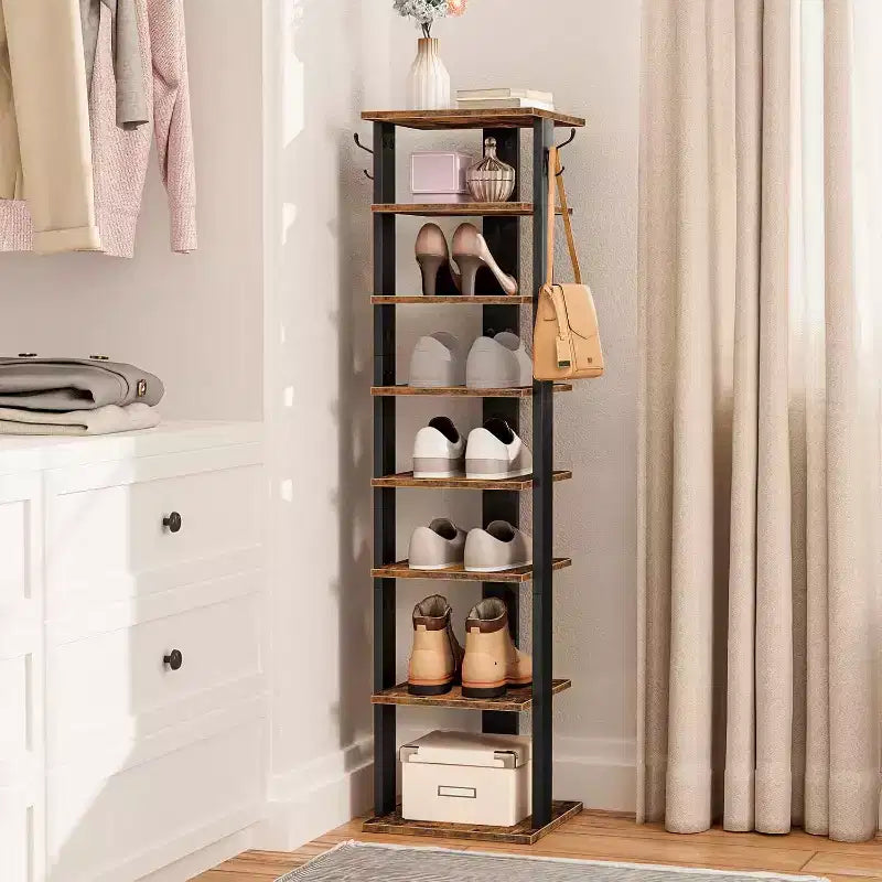 ACOINEL 8 Tiers Vertical Shoe Rack, Narrow Wooden Shoe Storage Organizer with Hooks, Space-Saving Shoe Tower Holds 8 Pairs