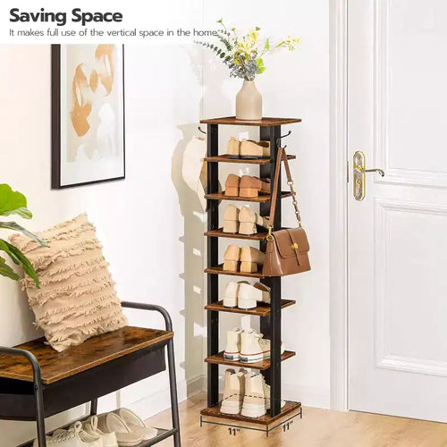 ACOINEL Meuble à chaussures vertical 8 niveaux, tour de rangement étroite en bois avec crochets, organiseur de chaussures peu encombrant, peut contenir 8 paires