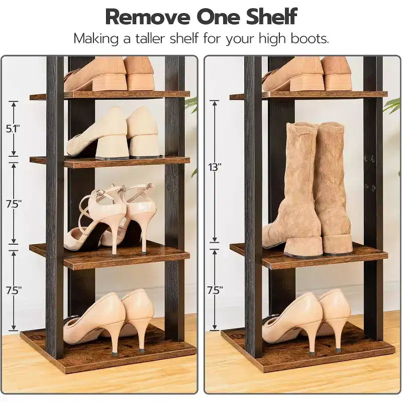 ACOINEL 8 Tiers Vertical Shoe Rack, Narrow Wooden Shoe Storage Organizer with Hooks, Space-Saving Shoe Tower Holds 8 Pairs