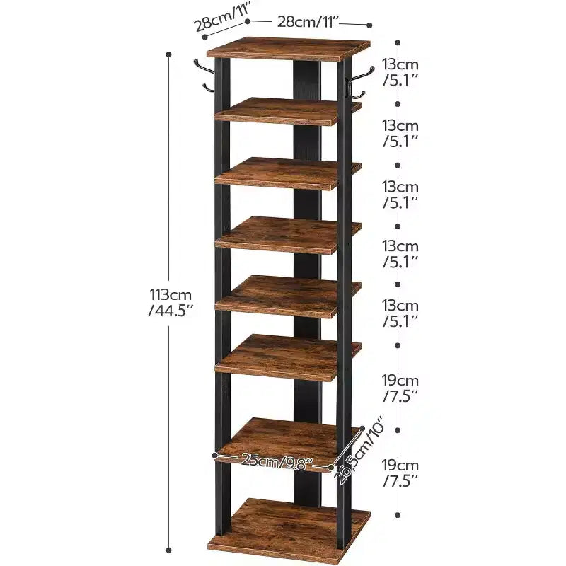 ACOINEL 8 Tiers Vertical Shoe Rack, Narrow Wooden Shoe Storage Organizer with Hooks, Space-Saving Shoe Tower Holds 8 Pairs