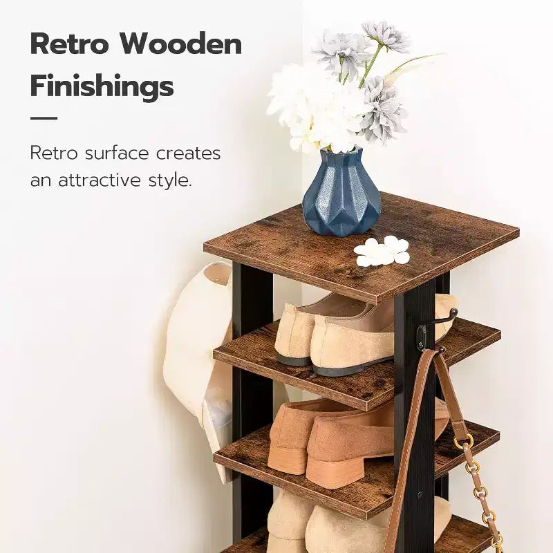 ACOINEL 8 Tiers Vertical Shoe Rack, Narrow Wooden Shoe Storage Organizer with Hooks, Space-Saving Shoe Tower Holds 8 Pairs