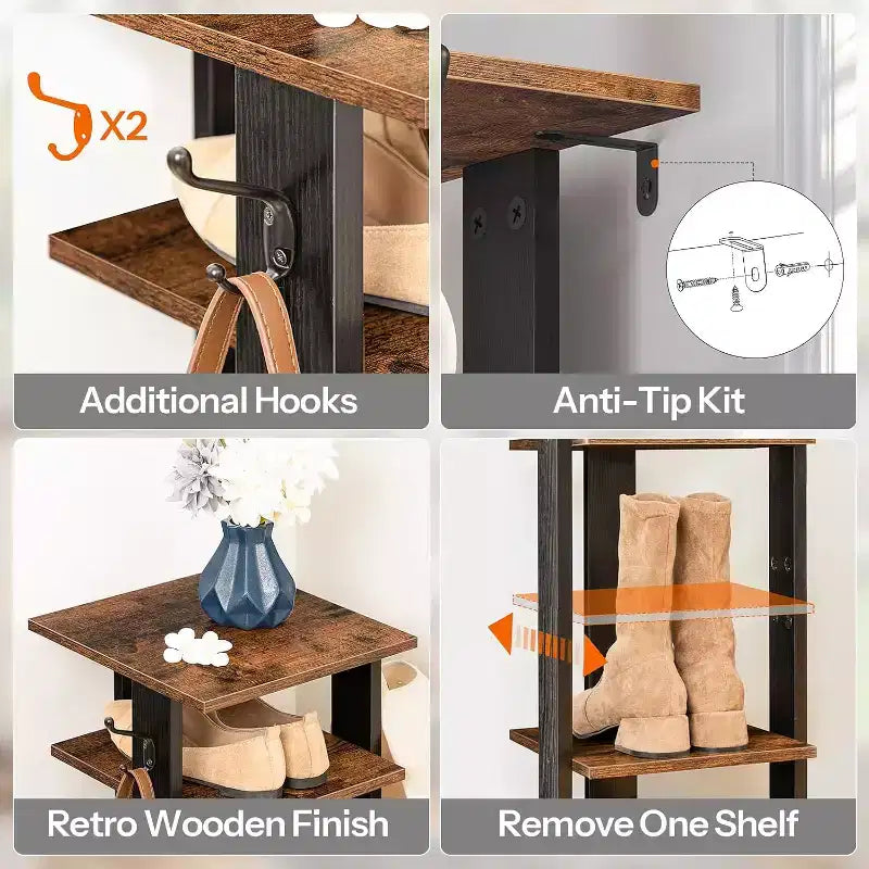 ACOINEL 8 Tiers Vertical Shoe Rack, Narrow Wooden Shoe Storage Organizer with Hooks, Space-Saving Shoe Tower Holds 8 Pairs