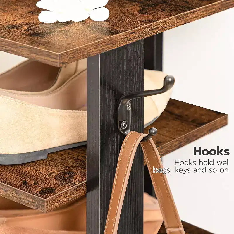 ACOINEL 8 Tiers Vertical Shoe Rack, Narrow Wooden Shoe Storage Organizer with Hooks, Space-Saving Shoe Tower Holds 8 Pairs