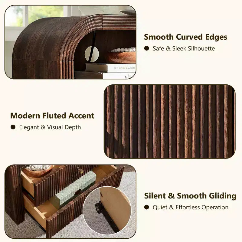 Fluted Nightstand Set of 2 with USB Charging, 24 End Tables, 2 Drawers, Rounded Corners, Modern Storage for Bedroom or Living Room