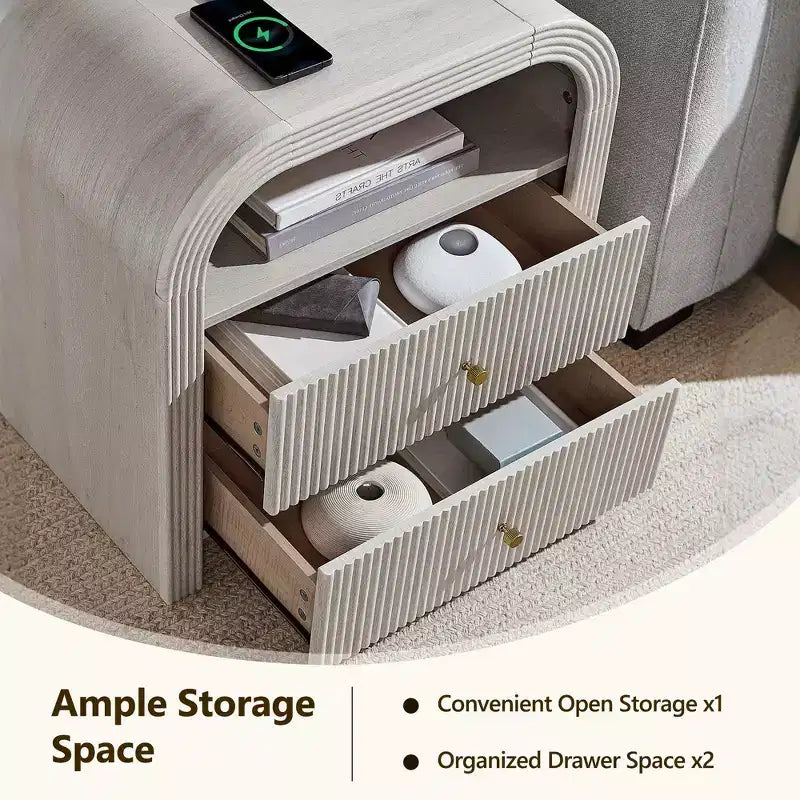 Fluted Nightstand Set of 2 with USB Charging, 24 End Tables, 2 Drawers, Rounded Corners, Modern Storage for Bedroom or Living Room