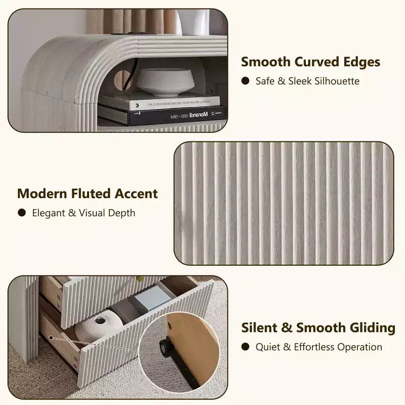 Fluted Nightstand Set of 2 with USB Charging, 24 End Tables, 2 Drawers, Rounded Corners, Modern Storage for Bedroom or Living Room