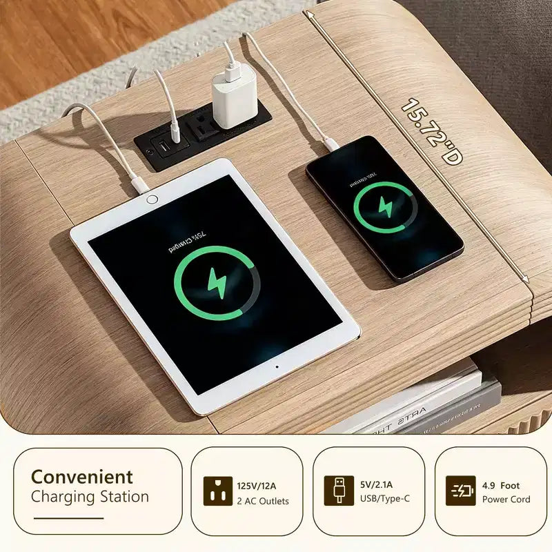 Fluted Nightstand Set of 2 with USB Charging, 24 End Tables, 2 Drawers, Rounded Corners, Modern Storage for Bedroom or Living Room