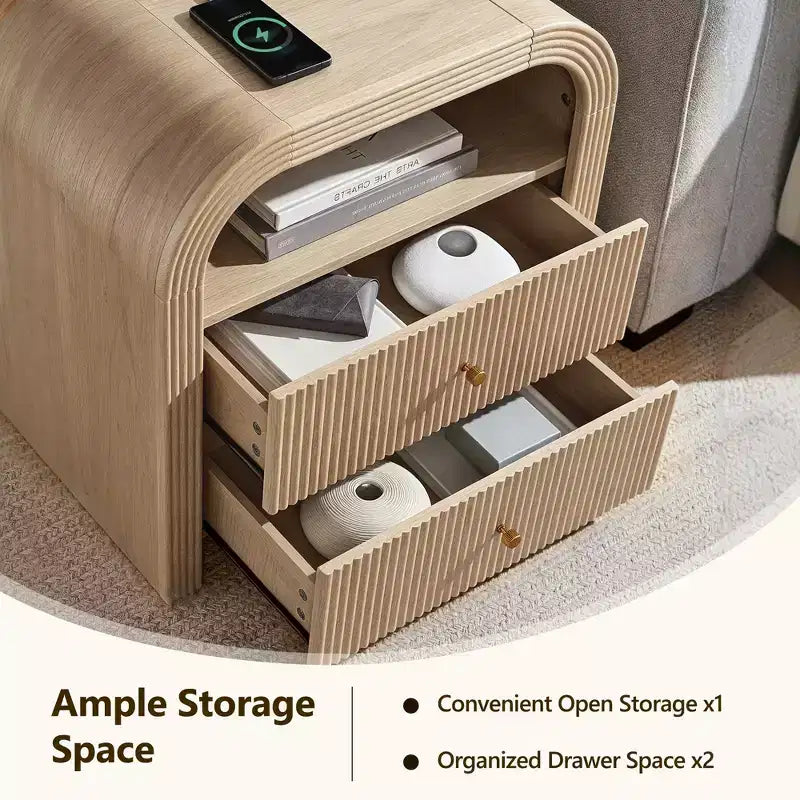 Fluted Nightstand Set of 2 with USB Charging, 24 End Tables, 2 Drawers, Rounded Corners, Modern Storage for Bedroom or Living Room