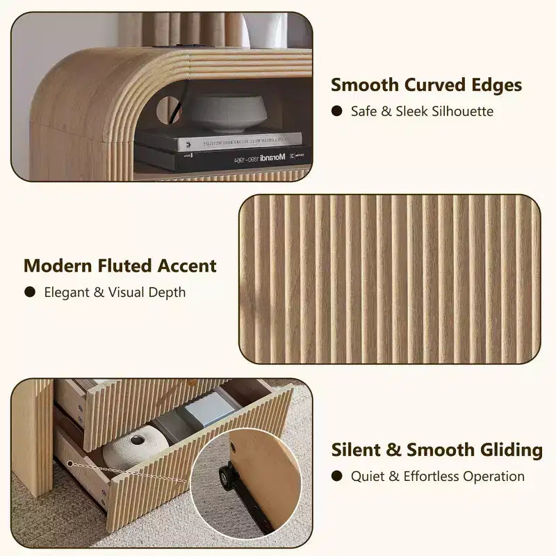 Fluted Nightstand Set of 2 with USB Charging, 24 End Tables, 2 Drawers, Rounded Corners, Modern Storage for Bedroom or Living Room