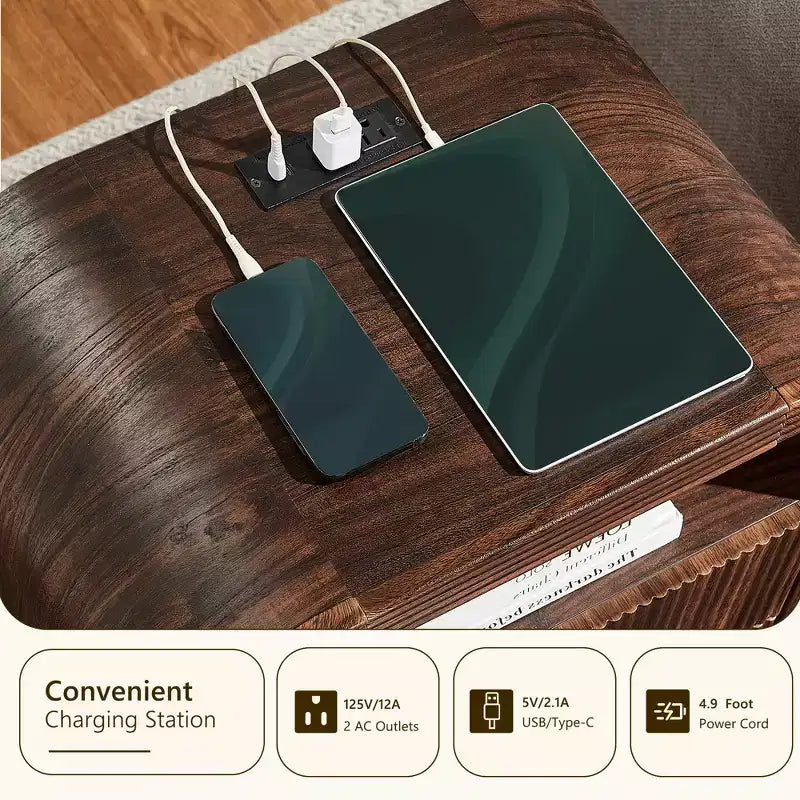 Fluted Nightstand Set of 2 with USB Charging, 24 End Tables, 2 Drawers, Rounded Corners, Modern Storage for Bedroom or Living Room