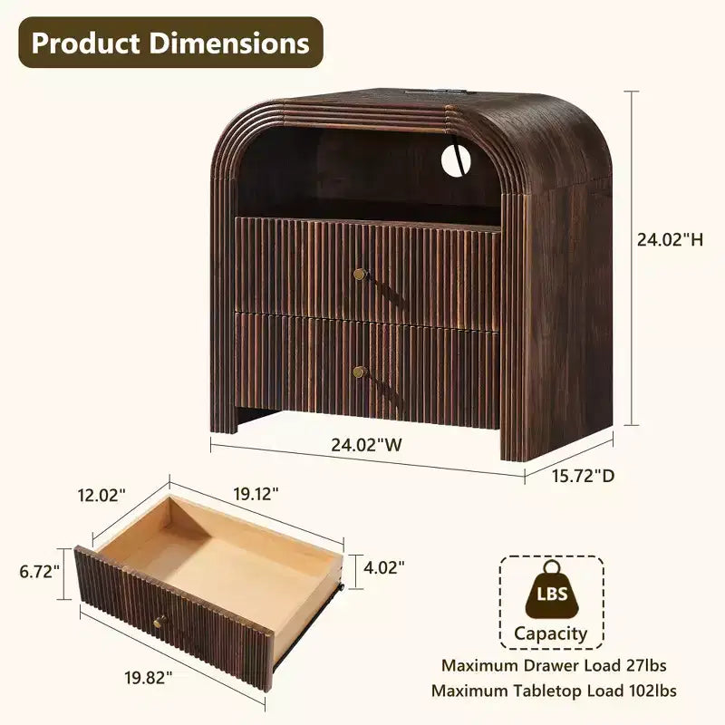 Fluted Nightstand Set of 2 with USB Charging, 24 End Tables, 2 Drawers, Rounded Corners, Modern Storage for Bedroom or Living Room