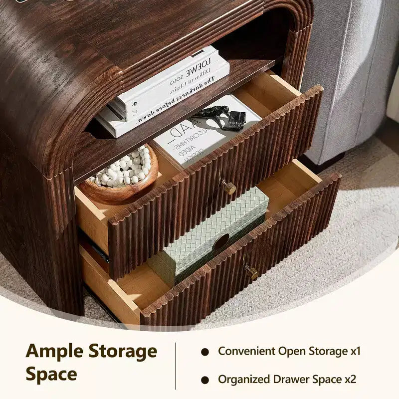 Fluted Nightstand Set of 2 with USB Charging, 24 End Tables, 2 Drawers, Rounded Corners, Modern Storage for Bedroom or Living Room